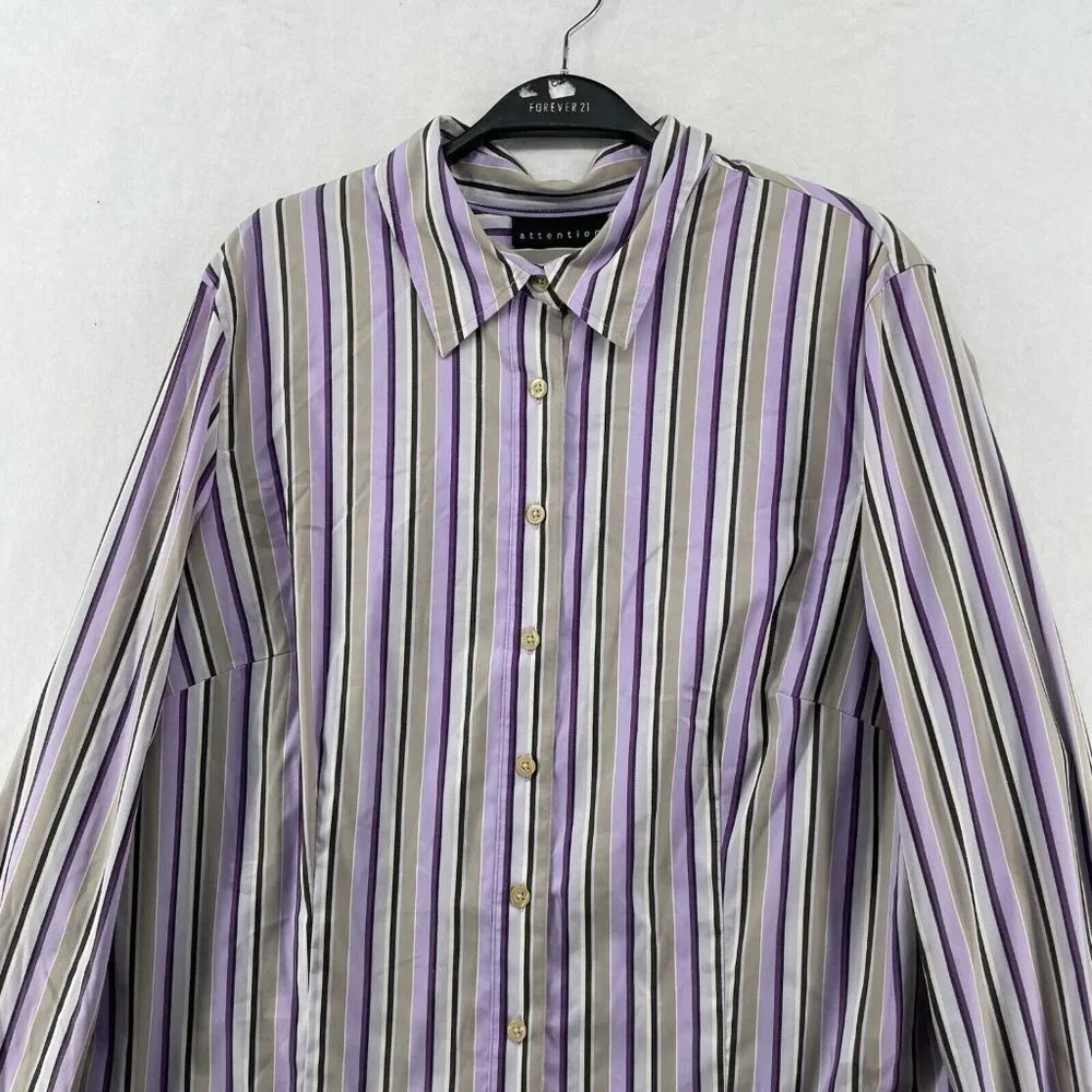 Attention Button-Up Shirt Women's Sz XL Purple Brown Striped Collared Stretch - Picture 6 of 12